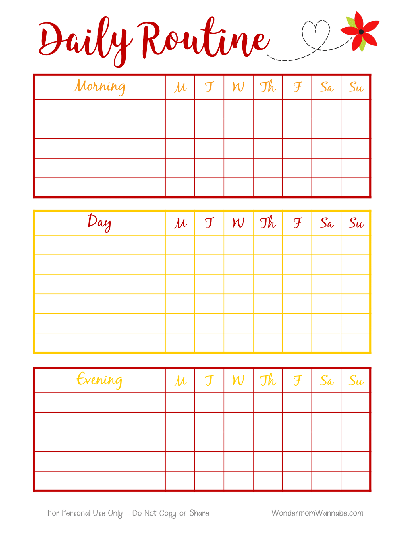 The "Daily Routine Planning Pages" by Wondermom Shop include sections for Morning, Day, and Evening, with columns for each day of the week from Monday to Sunday. This digital product features dedicated planning pages designed to help you organize your daily routine efficiently.