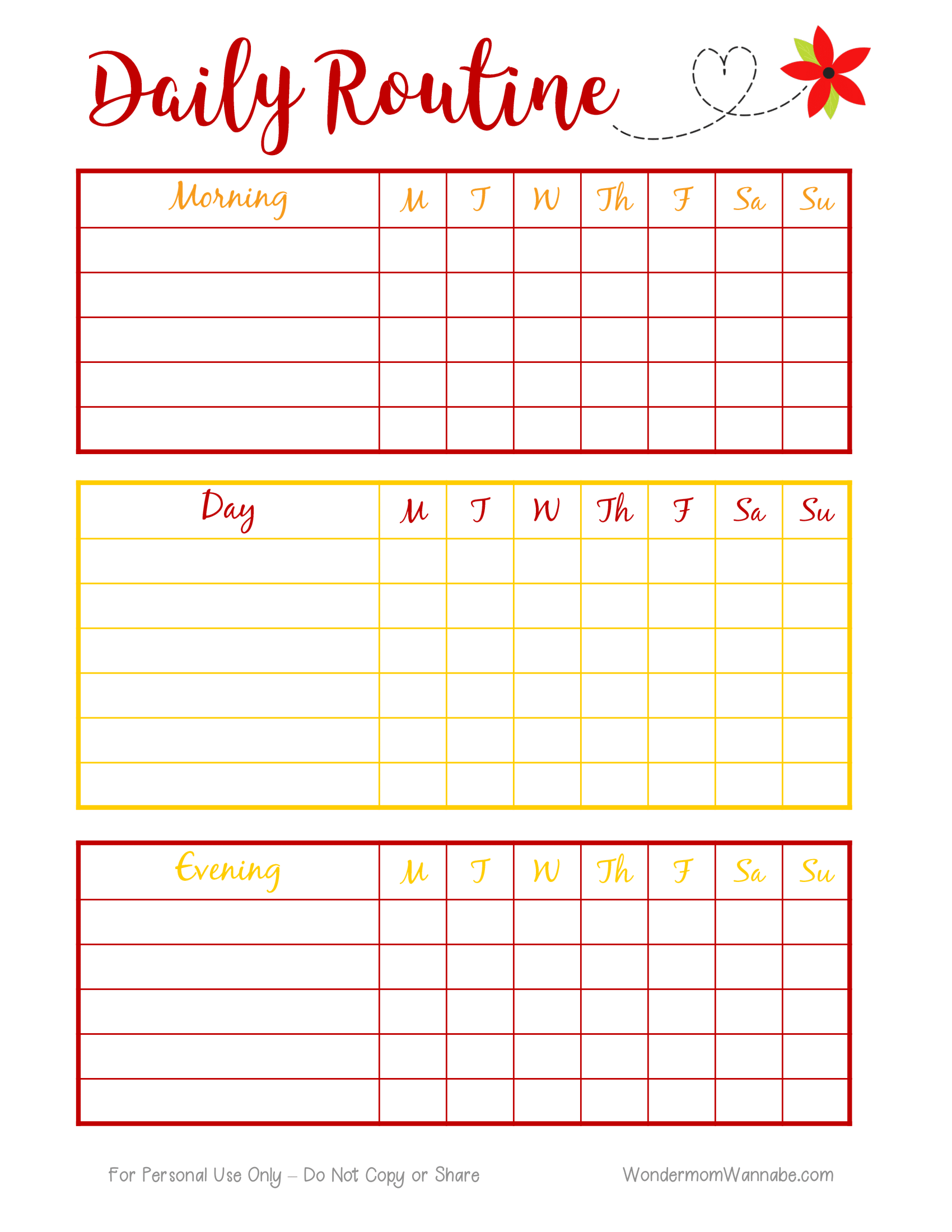 The "Daily Routine Planning Pages" by Wondermom Shop include sections for Morning, Day, and Evening, with columns for each day of the week from Monday to Sunday. This digital product features dedicated planning pages designed to help you organize your daily routine efficiently.