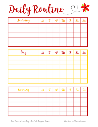 The "Daily Routine Planning Pages" by Wondermom Shop include sections for Morning, Day, and Evening, with columns for each day of the week from Monday to Sunday. This digital product features dedicated planning pages designed to help you organize your daily routine efficiently.