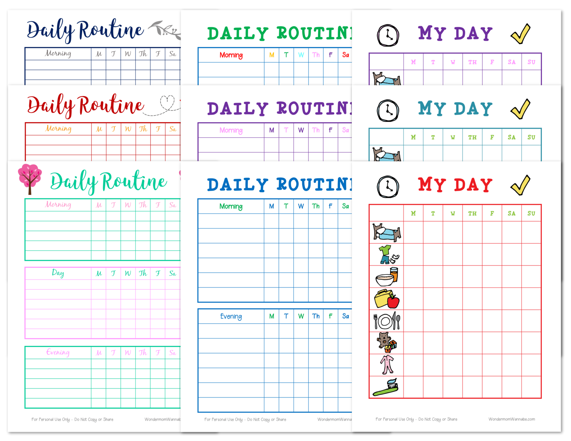 Image of eight colorful Daily Routine Planning Pages from Wondermom Shop, featuring various designs with icons, checkboxes, and text. Each page is divided into sections for different times of the day and activities, making daily organization a breeze!
