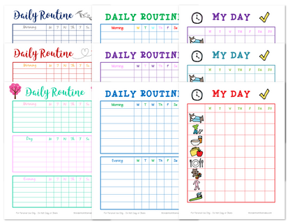 Image of eight colorful Daily Routine Planning Pages from Wondermom Shop, featuring various designs with icons, checkboxes, and text. Each page is divided into sections for different times of the day and activities, making daily organization a breeze!