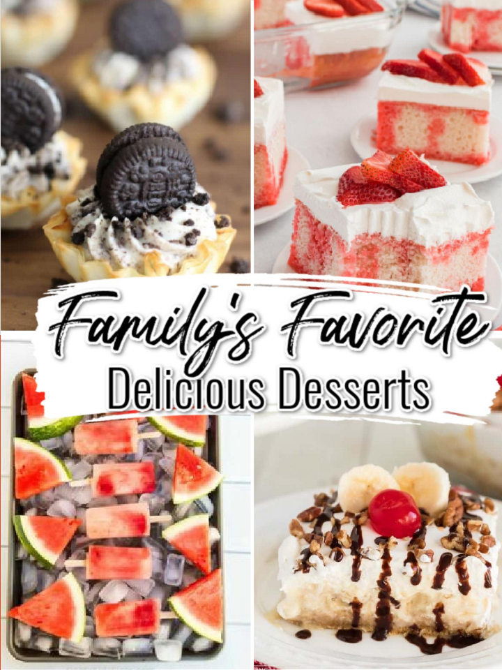 A collage of mini Oreo tarts, strawberry shortcake, watermelon popsicles, and a banana split showcases the “Family’s Favorite Dessert Recipes Digital Cookbook” by Wondermom Wannabe—perfect for your easy recipe collection.