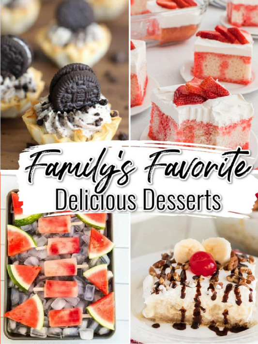 A collage of mini Oreo tarts, strawberry shortcake, watermelon popsicles, and a banana split showcases the “Family’s Favorite Dessert Recipes Digital Cookbook” by Wondermom Wannabe—perfect for your easy recipe collection.