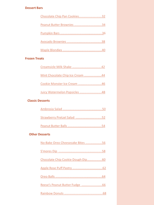 A Wondermom Wannabe's Family's Favorite Dessert Recipes Digital Cookbook, featuring step by step instructions for desserts, all set against a vibrant pink background.