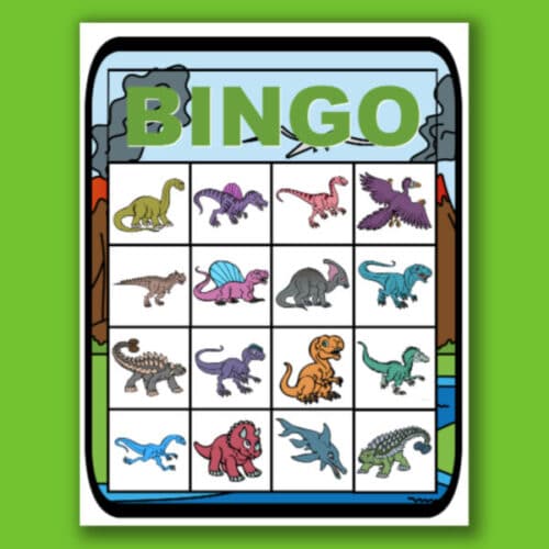 The Dinosaur Bingo Game For Kids by VIP Vault offers a printable, dinosaur-themed digital game with five rows and four columns of illustrated dinosaurs against a mountainous backdrop, perfect for kids' activities.