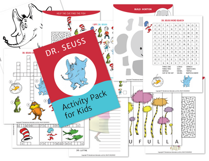 Introducing the Printable Kids Activity Books Bundle from Wondermom Shop—a digital Dr. Seuss-themed activity pack for kids that includes printable crossword puzzles, mazes, word searches, and coloring pages filled with vibrant Dr. Seuss characters and illustrations.
