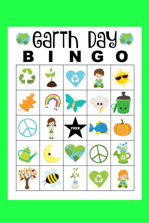 Experience the excitement with VIP Vault's Earth Day Bingo Set, a digital, printable bingo game featuring nature-themed images like trees, recycling symbols, peace signs, and animals, all highlighted by a bright green border to celebrate our planet.