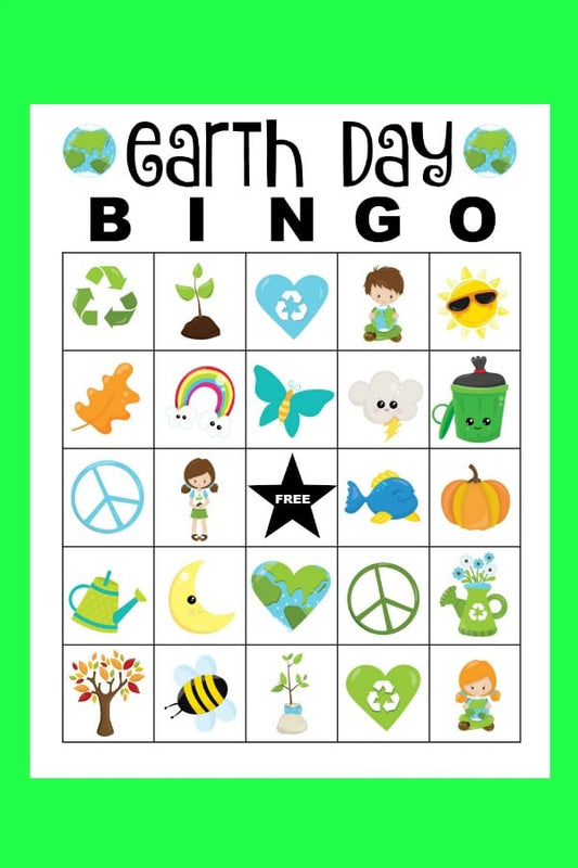 Experience the excitement with VIP Vault's Earth Day Bingo Set, a digital, printable bingo game featuring nature-themed images like trees, recycling symbols, peace signs, and animals, all highlighted by a bright green border to celebrate our planet.
