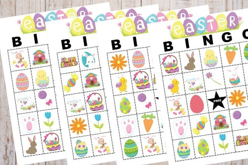 Printable Easter-themed VIP Vault Easter Bingo Cards with illustrations of eggs, bunnies, and flowers for kids.