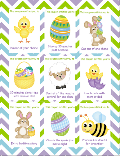 A collection of colorful, VIP Vault Easter Coupons for Kids (Pre-Filled) featuring illustrations such as a chick, Easter eggs, a bunny, and bumblebees.