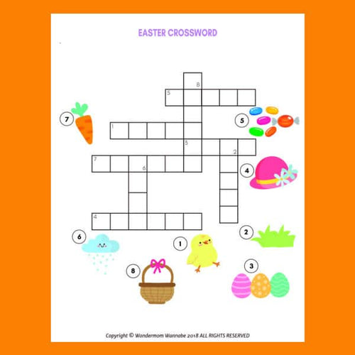 An illustrated Easter-themed VIP Vault Easter Crossword Puzzle for Kids worksheet with colorful decorations is now printable.