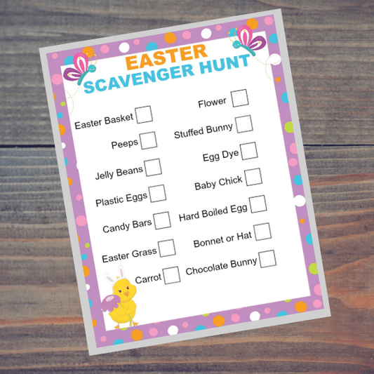 Create a charming Easter scavenger hunt with VIP Vault's "Easter Scavenger Hunt For Kids." This printable checklist on polka-dot paper includes items like an Easter Basket, Peeps, and a Chocolate Bunny, perfect for enhancing any wooden table setting.
