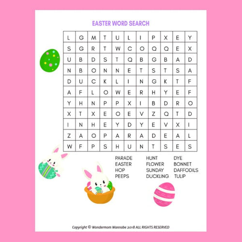 VIP Vault's Easter Word Search for Kids, featuring decorative eggs and bunny illustrations on a pink background.