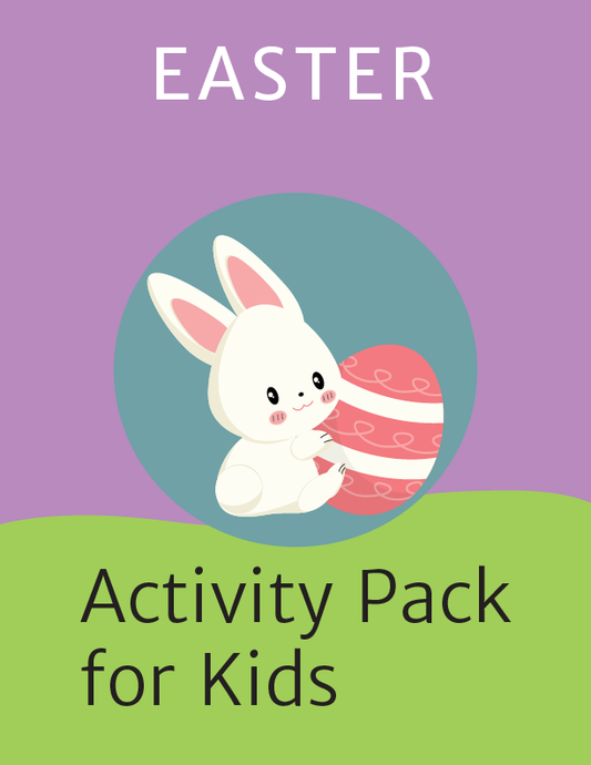 A cute bunny holds a patterned egg beneath "Easter Activity Kit for Kids" on a purple and green background. Experience endless fun with Wondermom Shop's printable Easter activities in this delightful pack.