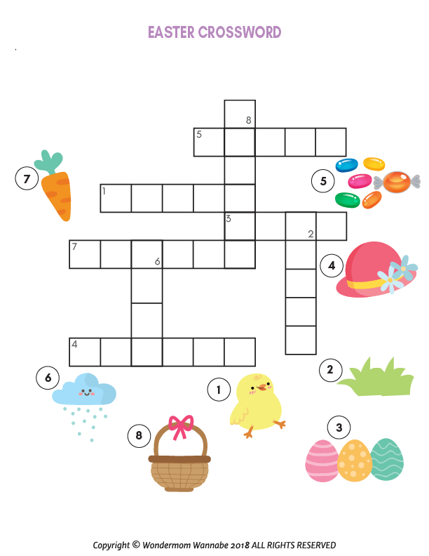 Explore our Easter-themed crossword puzzle from the Wondermom Shop's Easter Activity Kit for Kids, featuring images like carrots, eggs, and candy beside numbered sections—perfect for kids' Easter games and a great addition to printable activities.