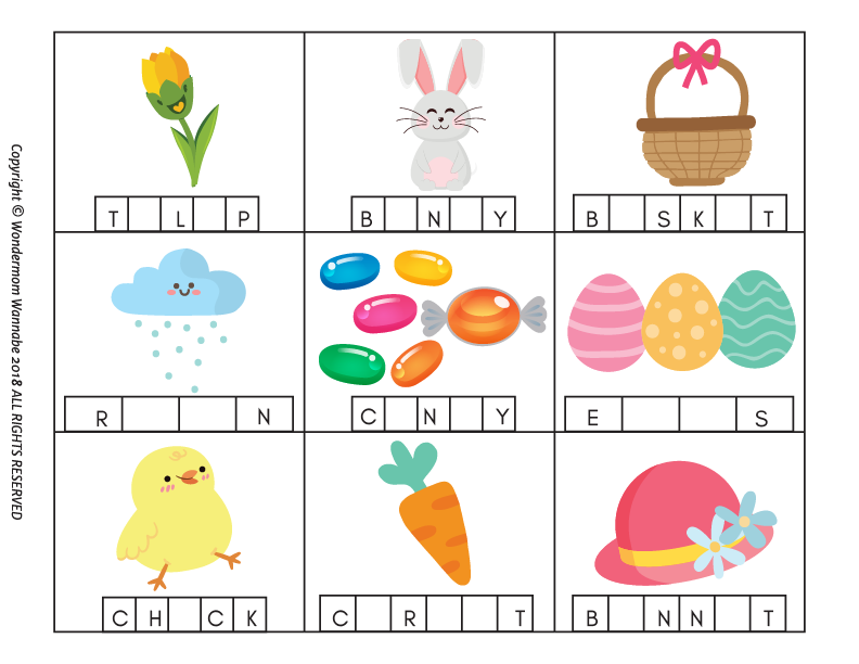 The Easter Activity Kit for Kids by Wondermom Shop offers a delightful puzzle with vibrant images and word boxes featuring items like flower, rabbit, and jelly beans. Perfect for kids' Easter games, this printable kit brings joy with its collection of festive challenges!.