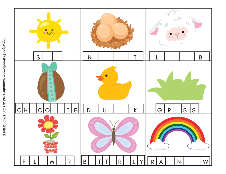 The Wondermom Shop's Easter Activity Kit for Kids offers a word puzzle grid with images of a sun, lamb, and rainbow. With blank spaces to fill in their names, it’s an engaging Easter activity that will enchant children.