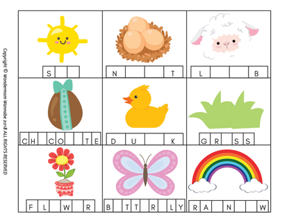 The Wondermom Shop's Easter Activity Kit for Kids offers a word puzzle grid with images of a sun, lamb, and rainbow. With blank spaces to fill in their names, it’s an engaging Easter activity that will enchant children.