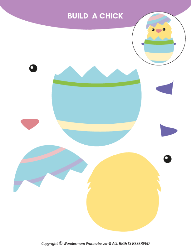 The "Easter Activity Kit for Kids" by Wondermom Shop includes a chick craft template with eggshell, body, eyes, beak, and wings to assemble. This "Build a Chick" activity is ideal for Kids Easter Games or as part of your Printable Easter Activities kit.