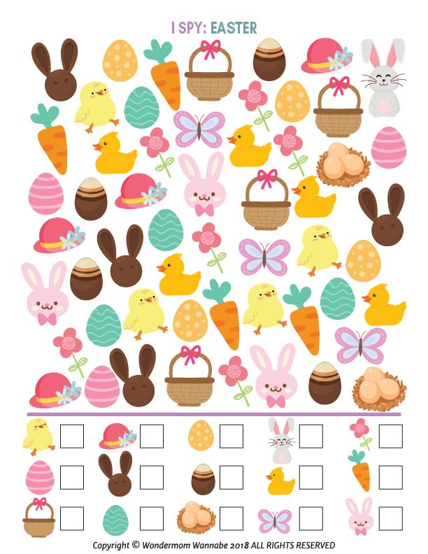 Explore the Easter Activity Kit for Kids by Wondermom Shop, featuring an I Spy game with bunnies, baskets, chicks, eggs, carrots, and flowers. Enjoy a grid of icons with checkboxes for a fun and colorful printable Easter adventure perfect for all ages!.