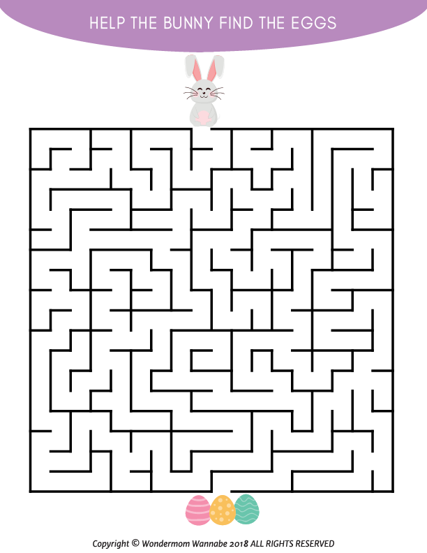 The Easter Activity Kit for Kids by Wondermom Shop features a maze with a bunny at the top and three eggs at the bottom. The text invites you to "Help the bunny find the eggs," adding endless fun to your Printable Easter Activities!.