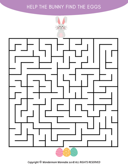 The Easter Activity Kit for Kids by Wondermom Shop features a maze with a bunny at the top and three eggs at the bottom. The text invites you to "Help the bunny find the eggs," adding endless fun to your Printable Easter Activities!.