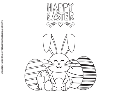 The Easter Activity Kit for Kids by Wondermom Shop features a smiling bunny with three decorated eggs beneath "Happy Easter" and a heart, ideal for inspiring printable Easter activities.