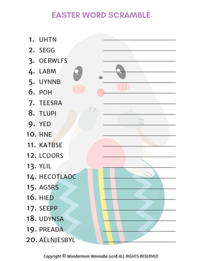 The Easter-themed word scramble from Wondermom Shop's Easter Activity Kit for Kids features jumbled words next to a bunny with a decorated egg, ideal for fun holiday games.