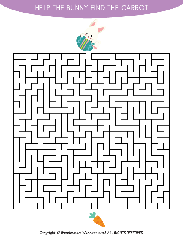 Maze puzzle from Wondermom Shop's Easter Activity Kit for Kids: Guide the bunny icon at the top to the carrot icon at the bottom right in this engaging maze, part of our Printable Easter Activities. Perfect for kids' Easter games!.