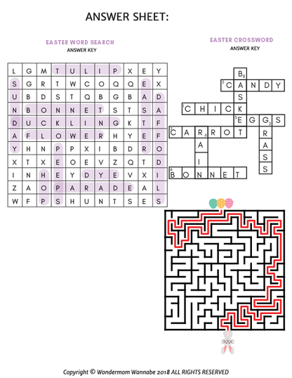 Image of an Easter Activity Kit for Kids by Wondermom Shop, featuring solutions to Easter-themed word searches, crosswords, and mazes.