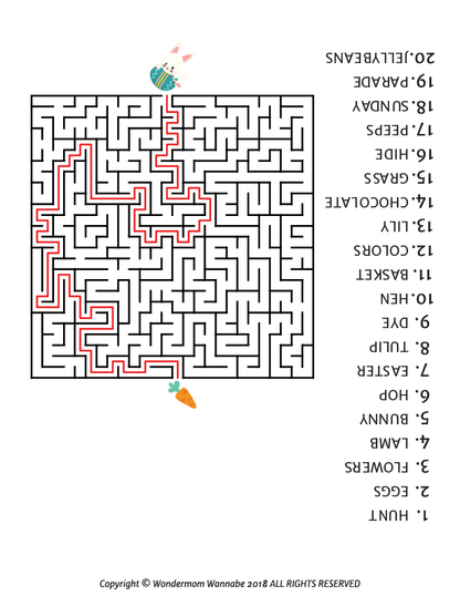 Experience the Easter Activity Kit for Kids by Wondermom Shop! Navigate the maze with a red solution path from top left to bottom right, featuring a curious rabbit and tempting carrot in opposite corners, guided by numbered vegetables and items.
