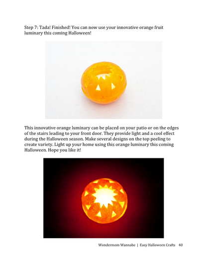 In the Easy Halloween Crafts E-Book by Wondermom Shop, a finished Halloween luminary crafted from an orange is displayed on a white background in the top image. The bottom image highlights the glowing luminary with its carved designs, offering perfect inspiration for your Halloween projects.