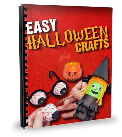 Cover of the spiral-bound *Easy Halloween Crafts E-Book* by Wondermom Shop, displaying images of Halloween projects like eyeball glasses, a painted jar, and a witch figure, all with step-by-step instructions.