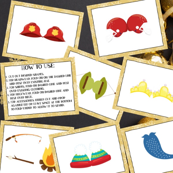 A group of Elf on the Shelf Props with pictures of hats and objects from VIP Vault.