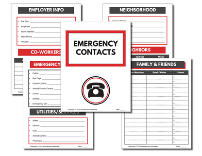 The In Case of Emergency Binder (Fillable PDF) by Wondermom Shop is perfect for organizing your emergency information, featuring sections for employer details, co-workers, emergency contacts, utilities and services, neighborhood details, neighbors, and family and friends.