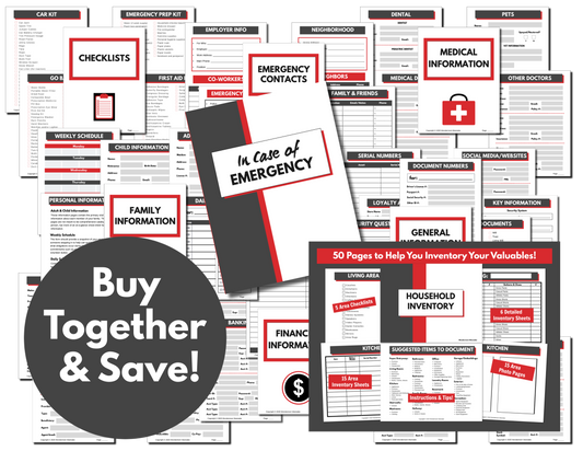 Image of various emergency preparedness checklists and inventory forms. A large text bubble on the left says, "Buy Together & Save!" The central focus is a booklet titled "Emergency Preparedness Bundle (Fillable PDFs)" by Wondermom Shop.