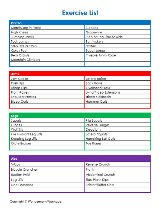A printable VIP Vault Home Workout Exercise List with different colors.