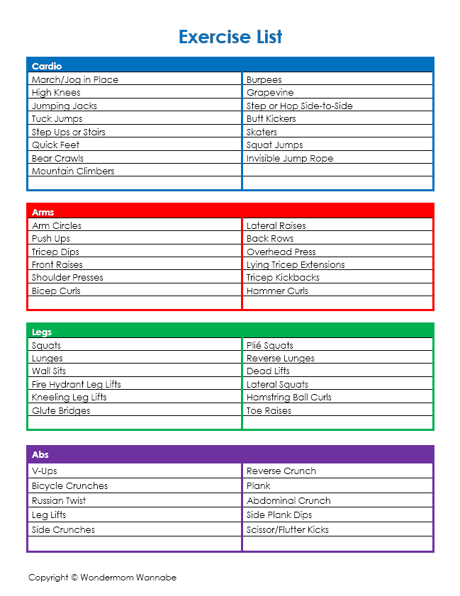Home Workout Exercise List