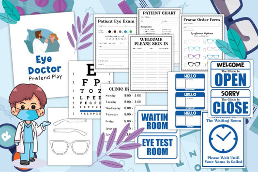 Introducing the Eye Doctor Pretend Play Kit by Wondermom Shop: a digital product featuring eye examination charts, patient sign-in forms, open/close signs, waiting room signs, frame order forms, and charming illustrations of an eye doctor and a child.
