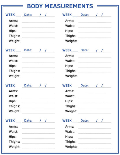 The Fitness Planner by Wondermom Shop features a body measurements chart with six sections for recording weekly measurements of your arms, waist, hips, thighs, and weight. Each section includes fields for the week, date, and specific measurements to ensure comprehensive Body Measurements Tracking.