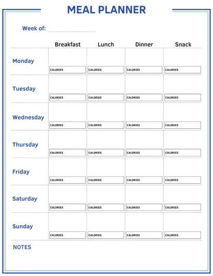 The Wondermom Shop Fitness Planner is an adaptable meal and fitness planning chart with sections for the entire week, offering columns for breakfast, lunch, dinner, and snacks. Each meal has a dedicated row to log calories. It also includes spaces for tracking body measurements and workout details, along with a notes section at the bottom.