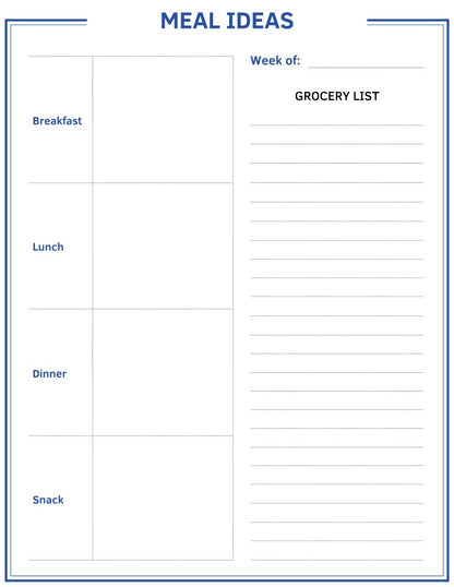 Discover the Wondermom Shop Fitness Planner—a comprehensive weekly meal planning template with sections for Breakfast, Lunch, Dinner, and Snack on the left side. On the right side, you'll find a convenient Grocery List section. Ideal for synchronizing your meal plans with your Workout Tracker!