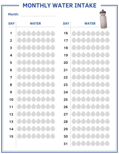 Image of Wondermom Shop's monthly water intake tracker, included in the Fitness Planner, with days 1-31 and water drops as placeholders. A water bottle icon sits in the top right corner. Users can record their daily water consumption for each day, seamlessly integrating with their Fitness Planner to maintain a holistic health routine.