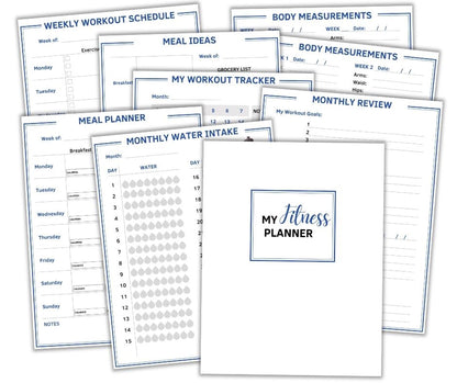 The Wondermom Shop Fitness Planner layout features an array of pages, such as a weekly workout schedule, meal planner, body measurements tracker, workout tracker, meal ideas section, and a water intake chart.