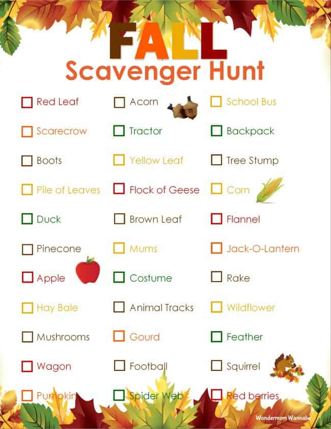 VIP Vault's Fall Scavenger Hunt offers a printable checklist adorned with fall leaves, featuring items such as a red leaf, acorn, tractor, and school bus, each accompanied by its own checkbox. This engaging physical activity provides a delightful way to enjoy the season!