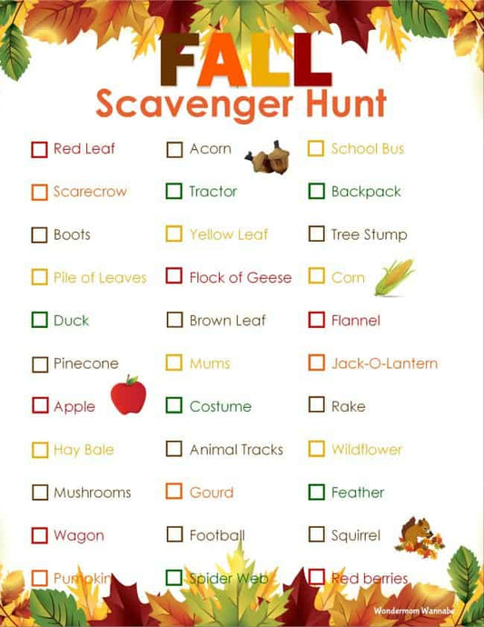 VIP Vault's Fall Scavenger Hunt offers a printable checklist adorned with fall leaves, featuring items such as a red leaf, acorn, tractor, and school bus, each accompanied by its own checkbox. This engaging physical activity provides a delightful way to enjoy the season!