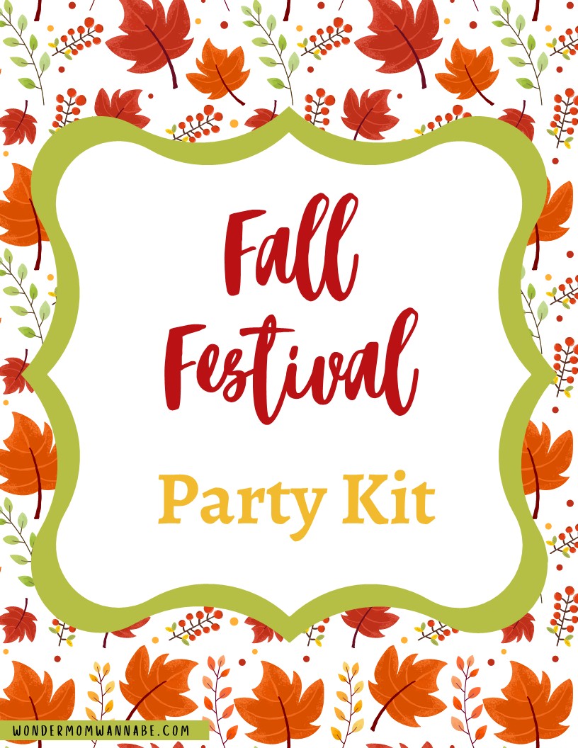 Introducing the Fall Festival Party Kit from Wondermom Shop! This digital product features a vibrant sign adorned with colorful autumn leaves and branches, complete with the text "Wondermomwannabe.com" at the bottom. It includes printable elements designed to make your autumn celebration truly unforgettable.