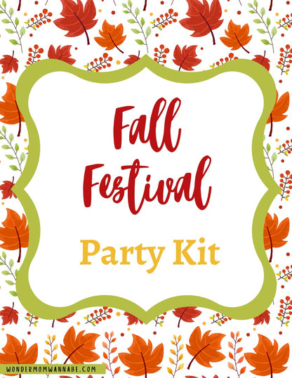 Introducing the Fall Festival Party Kit from Wondermom Shop! This digital product features a vibrant sign adorned with colorful autumn leaves and branches, complete with the text "Wondermomwannabe.com" at the bottom. It includes printable elements designed to make your autumn celebration truly unforgettable.
