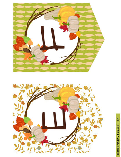 Two decorative banners with Autumn-themed designs, each showcasing pumpkins, leaves, and acorns arranged around the letter "E" on a patterned background. This printable element is part of our Fall Festival Party Kit by Wondermom Shop, making it an ideal digital product for seasonal celebrations.
