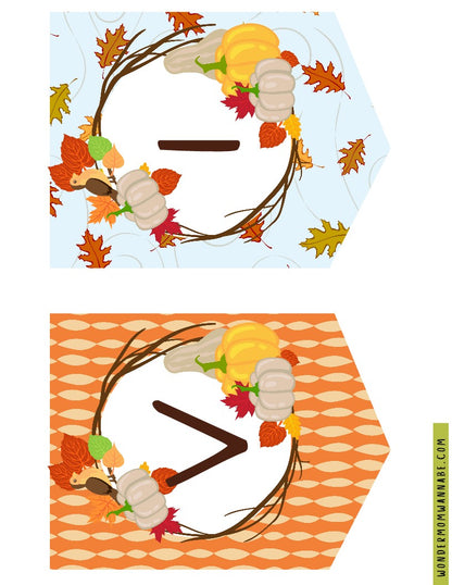 The Fall Festival Party Kit by Wondermom Shop includes two distinct autumn-themed designs, perfect for celebrating the season. Each design features a pumpkin and leaf wreath encircling the letter "I" or "V" set against seasonal backgrounds; one with a sky blue backdrop and the other with an orange pattern. This digital product provides printable elements ideal for festive decor.